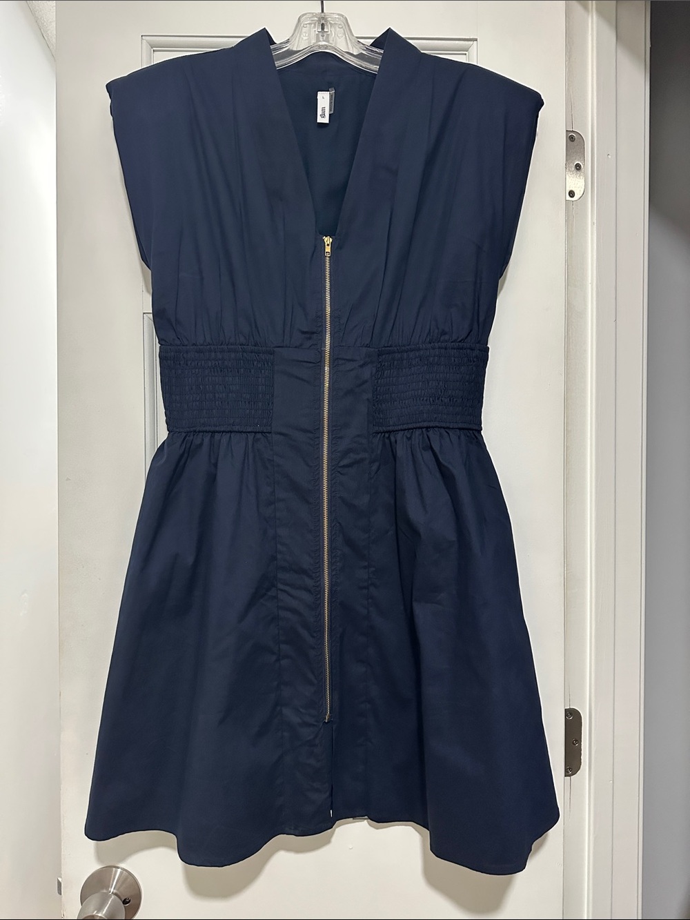 glam Navy Zip-Front Smocked-Waist Mini Dress